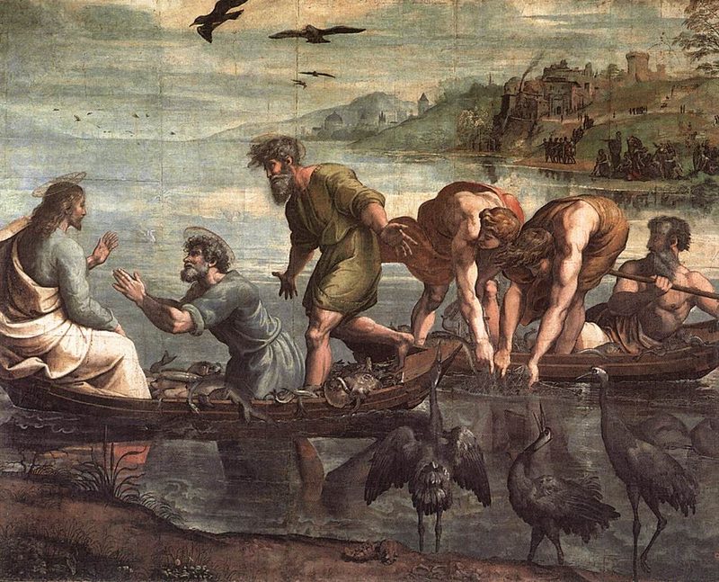 Raphael's cartoon for The Miraculous Draft of Fishes (1515), depicting Christ directing Peter and Andrew to cast their nets on the Sea of Galilee