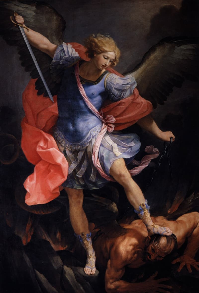 Guido Reni's painting of the Archangel Michael, sword raised and wings spread, pressing his foot on the head of Satan, who sprawls in the darkness below.