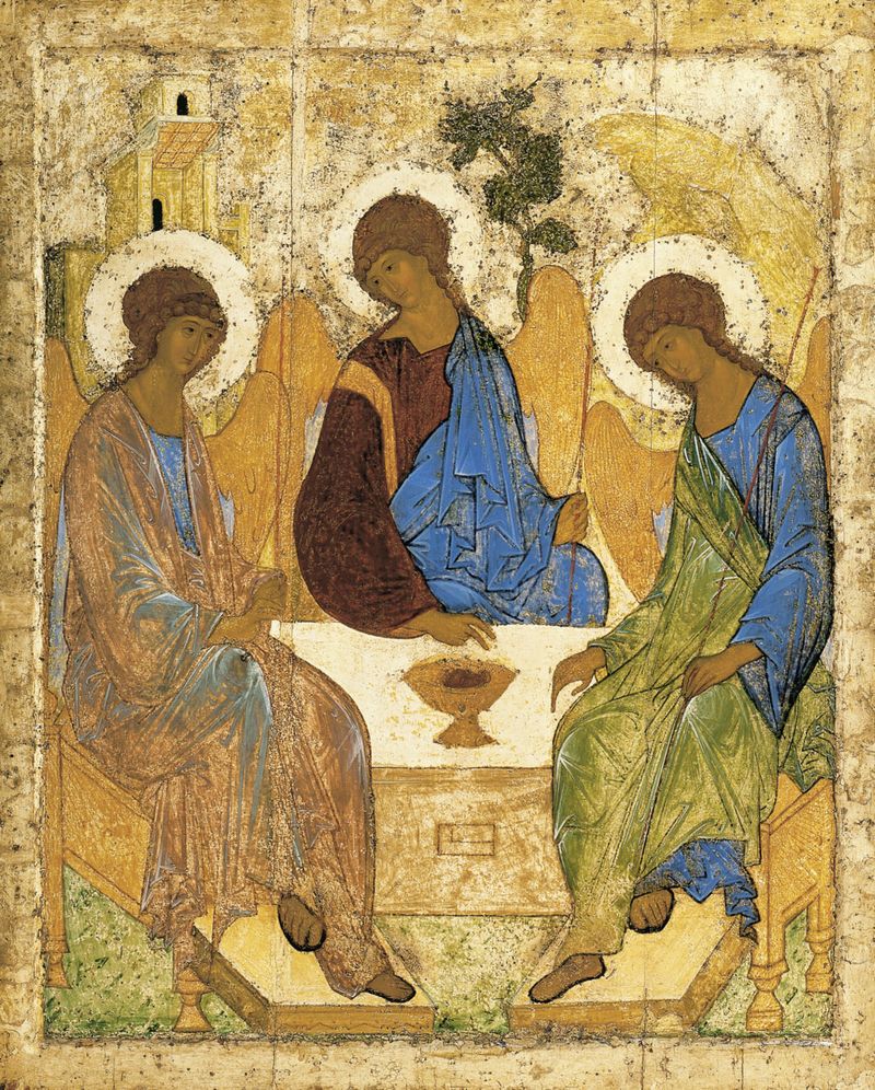 Andrei Rublev's Trinity icon (c. 1410), illustrating the Trinitarian communion described in John 1:2 — three angels at the Oak of Mamre as an image of the relational life within God