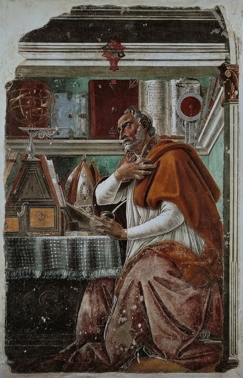 Sandro Botticelli fresco of Saint Augustine seated at his study desk, pen in hand, surrounded by books and an armillary sphere