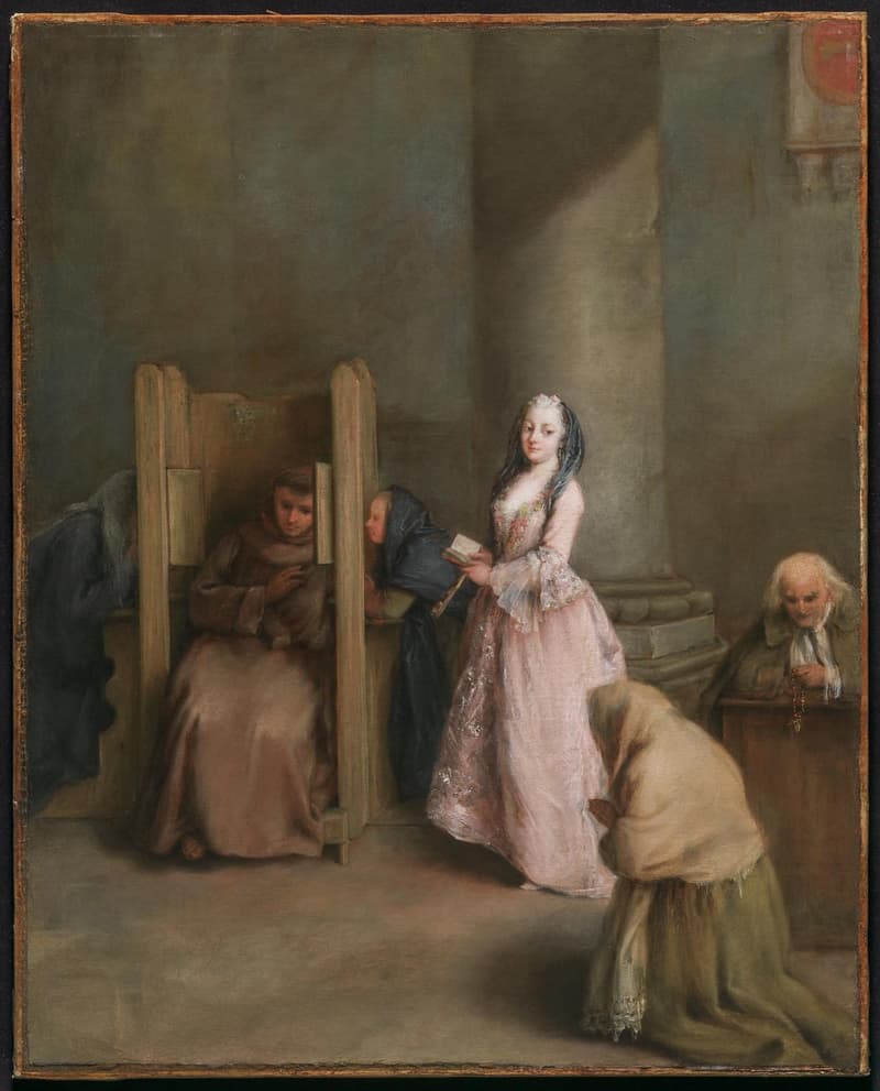Pietro Longhi painting of a Venetian woman at a wooden confessional speaking to a friar, with kneeling penitents nearby