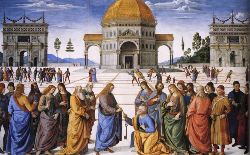 Pietro Perugino fresco showing the risen Christ handing the keys of the kingdom to a kneeling Saint Peter in a wide Renaissance plaza