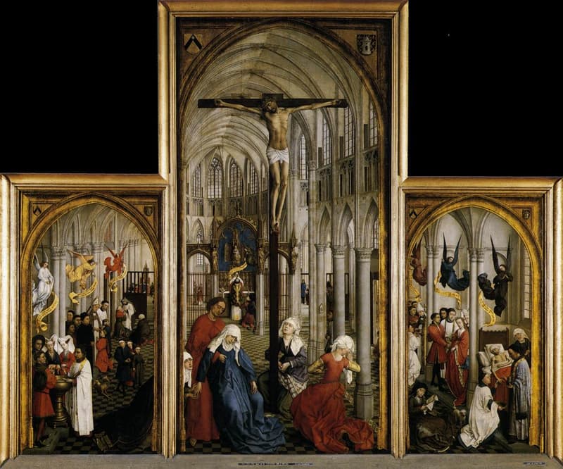 Rogier van der Weyden's Seven Sacraments Altarpiece, a Gothic church interior with the Crucifixion at center and the seven sacraments depicted in the side aisles