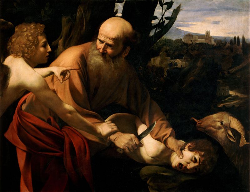 Caravaggio, Sacrifice of Isaac (c. 1603), depicting the angel staying Abraham's hand as God changes the course of events
