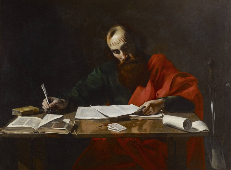 Saint Paul Writing His Epistles, attributed to Valentin de Boulogne, depicting the apostle composing the letters that would shape Christian theology for millennia