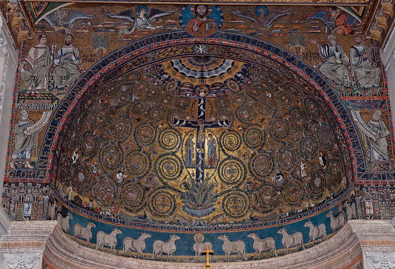 Twelfth-century apse mosaic of the Basilica of San Clemente in Rome, showing the Triumph of the Cross against a gold background with spiraling vines