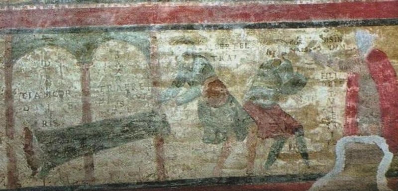 Eleventh-century fresco from the lower basilica of San Clemente in Rome depicting the Legend of Sisinnius, with figures pulling a column and speech scrolls in early vernacular Italian