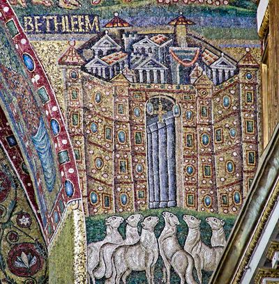 Fifth-century mosaic on the triumphal arch of the Basilica of Santa Maria Maggiore in Rome, depicting figures gathered at Bethlehem — part of the Marian cycle commissioned by Pope Sixtus III in the decade immediately following the Council of Ephesus.