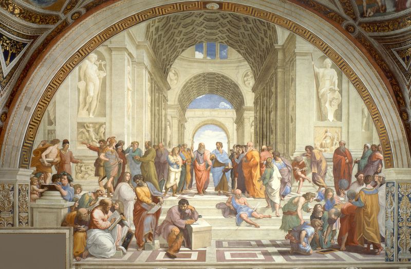 Raphael, The School of Athens (1509–1511), depicting Plato, Aristotle, and other philosophers gathered in dialogue