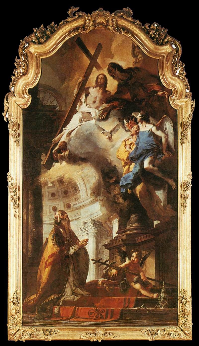 Giovanni Battista Tiepolo's 1737 oil painting of Pope Saint Clement kneeling in papal vestments beneath a vision of the Holy Trinity, with angels in the clouds above