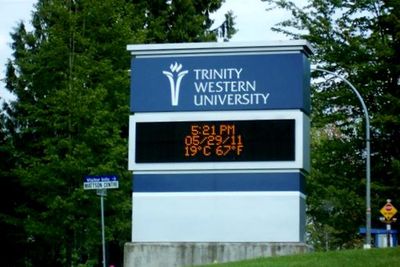 Trinity Western University's main campus sign in Langley, British Columbia—the new home of TEDS as of September 2026
