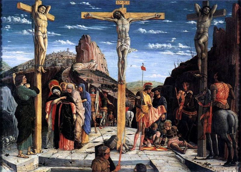 Andrea Mantegna's 'Crucifixion' (1457-59) showing the three crosses with Mary and the disciples gathered at the foot of Christ's cross