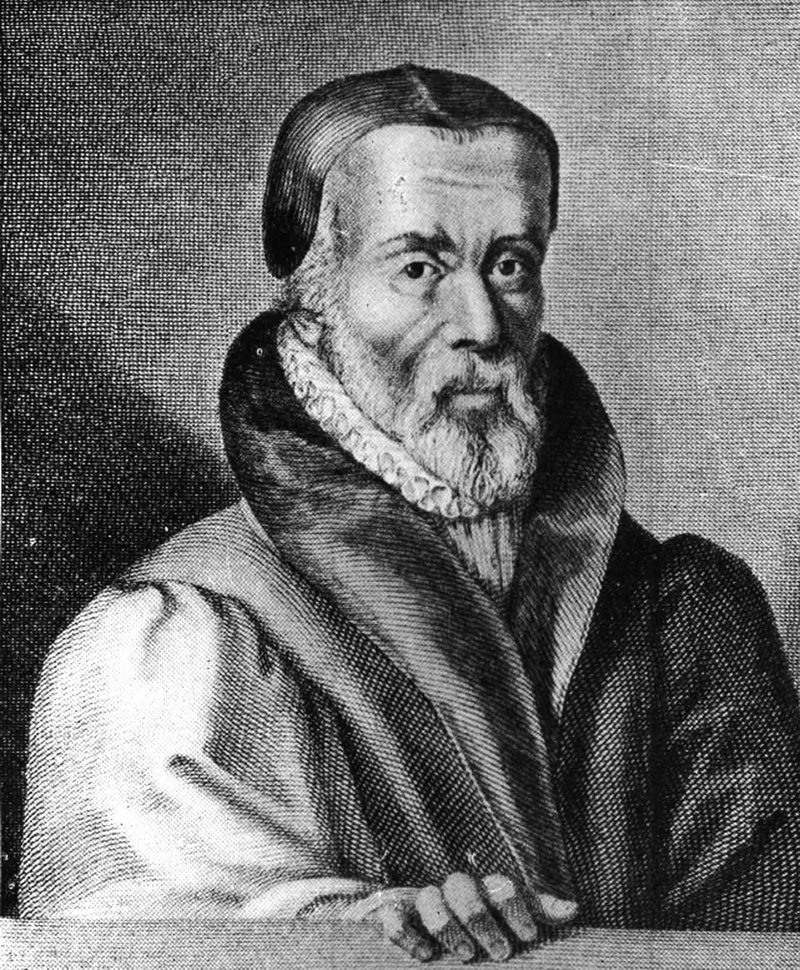 Portrait of William Tyndale from Foxe's Book of Martyrs—the English scholar who translated the New Testament into English, was betrayed in Antwerp, and was strangled and burned at Vilvoorde Castle in October 1536.