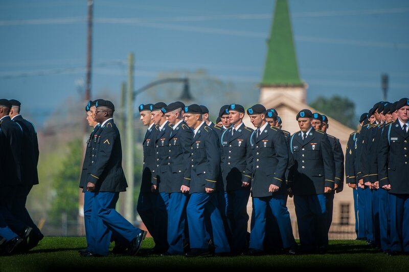 Soldiers march across Inouye Parade Field at Fort Benning during a graduation ceremony. U.S. Army photo by Patrick Albright.