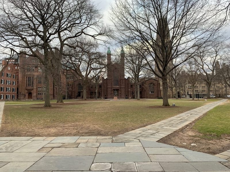 Photograph of Yale Old Campus quad with brick buildings and autumn trees