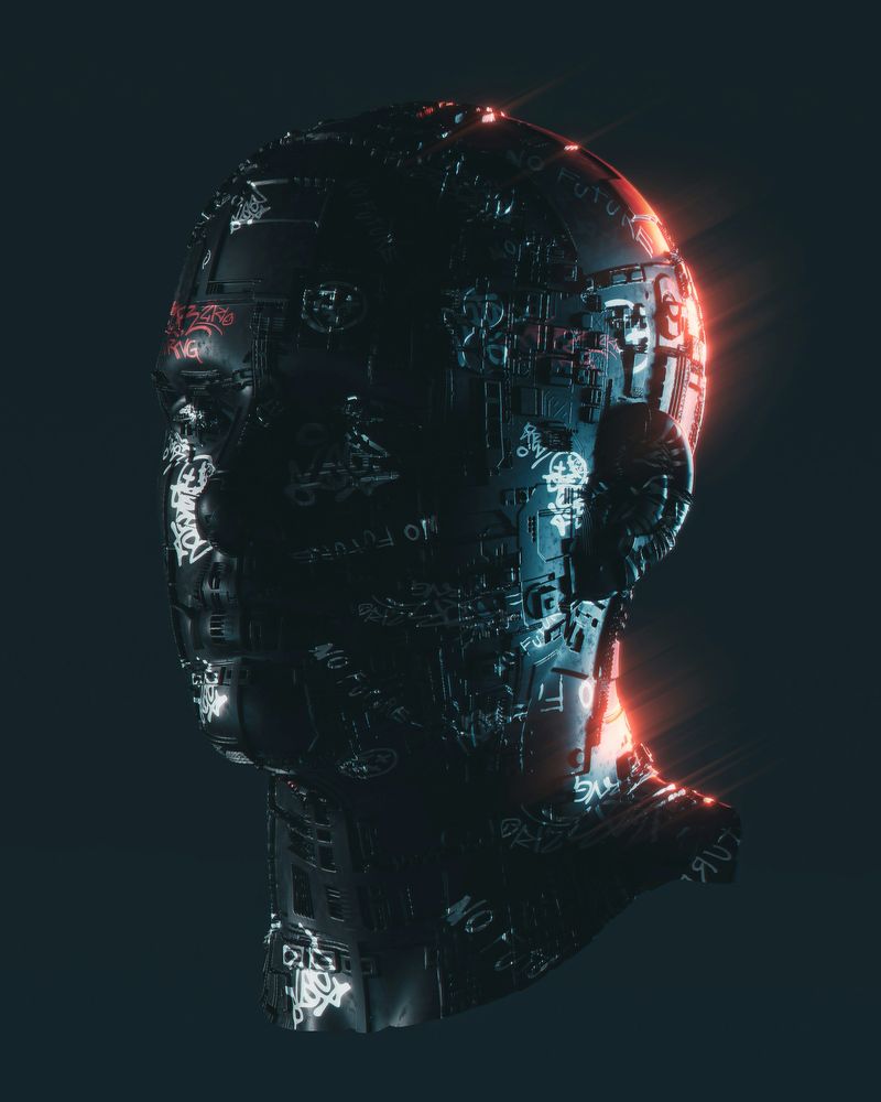 Stylized digital AI head with circuit patterns and glowing elements on a dark background