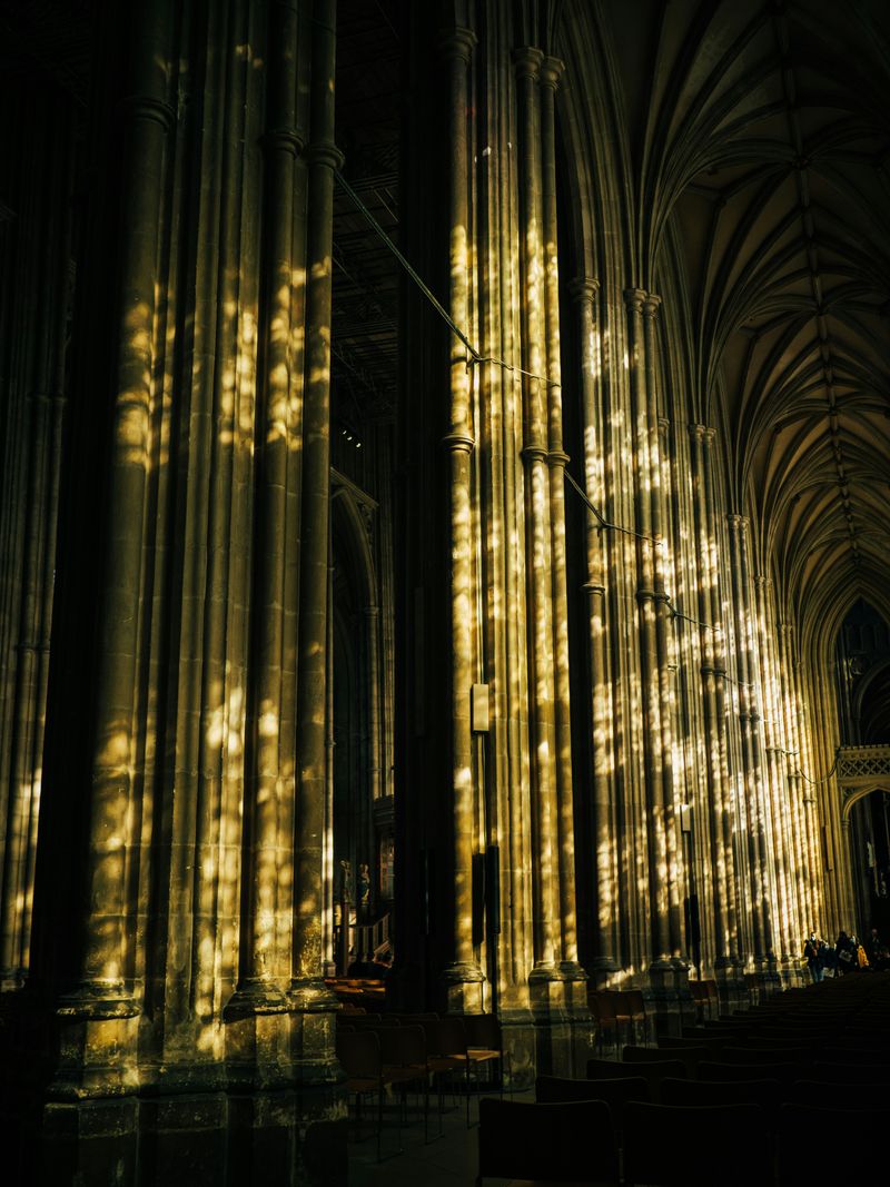 Golden light streaming through the columns of a Gothic cathedral nave, evoking the mystery of divine knowledge