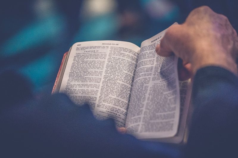 A person holding an open Bible, reading closely
