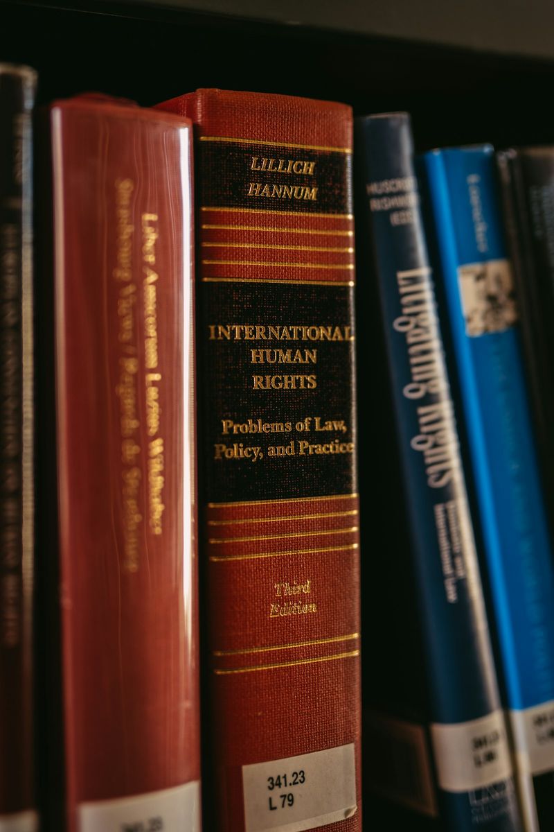 Law books on a shelf, including a volume on international human rights
