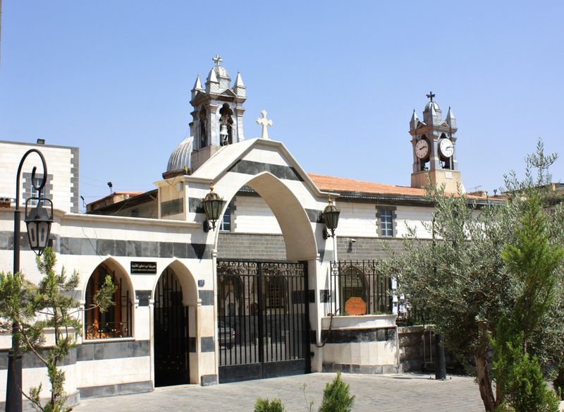 Interior of Our Lady of Dormition Melkite Greek Catholic Patriarchal Cathedral, Damascus, Syria. Photo by Jan Smith, CC BY 2.0, via Wikimedia Commons.