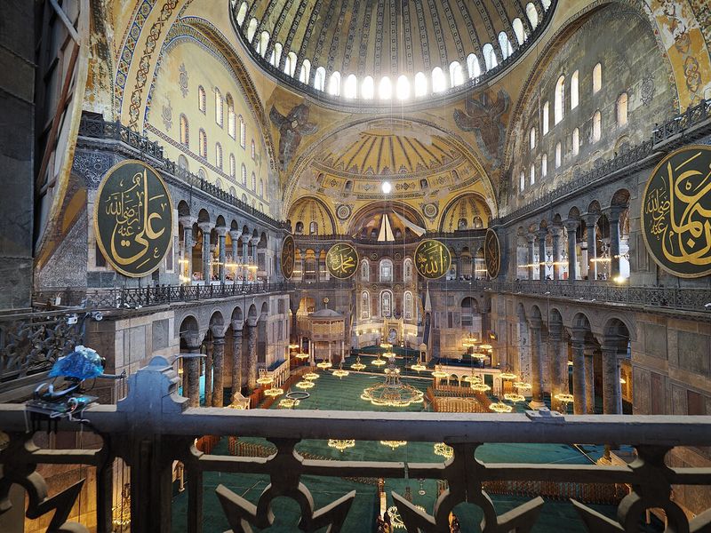 Interior of the Hagia Sophia showing the massive central dome and Byzantine mosaics