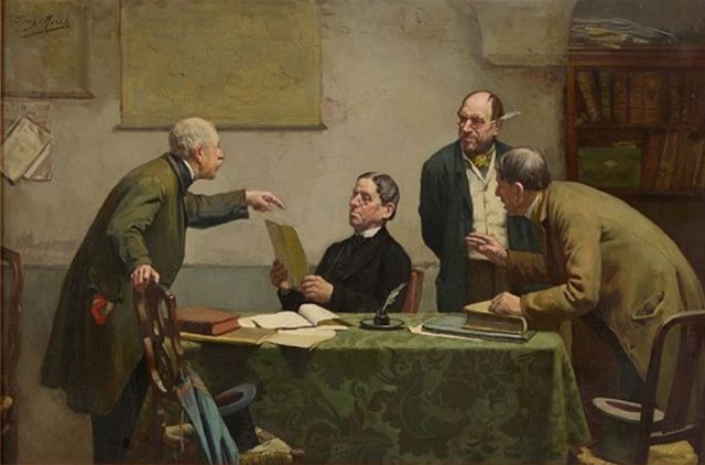 Franz Meerts, 'Meeting at the Notary's' — a 19th-century painting of four men gathered around a notary's table reviewing a will or legal document, with the notary reading aloud as the heirs gesture in discussion.