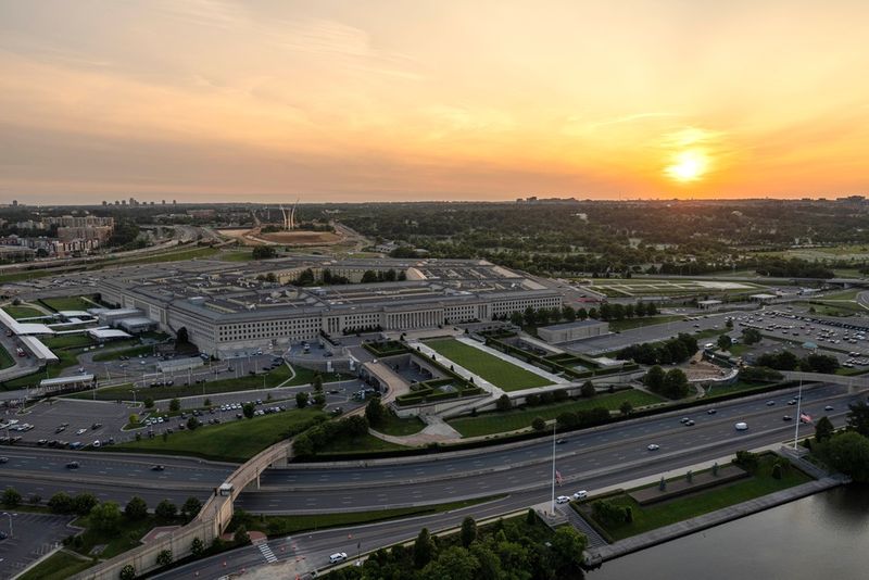 Aerial view of the Pentagon at sunset in Arlington, Virginia