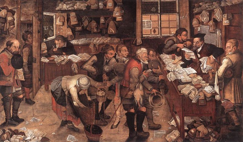 Pieter Brueghel the Younger, 'The Village Lawyer' — a 16th-century painting of a notary's office crowded with peasants paying in eggs, chickens, and other goods, surrounded by stacks of legal documents.