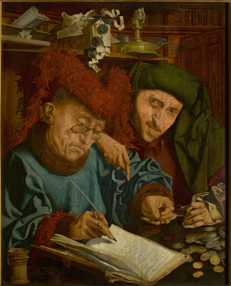 Marinus Claeszoon van Reymerswaele, 'Tax Collectors' (16th century) — two Netherlandish tax collectors hunched over their ledgers totaling receipts, the literal scene of corporate-vs-pass-through taxation that drives an S-corp election.