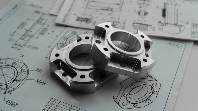 Two precision-machined metal parts resting on engineering blueprint drawings